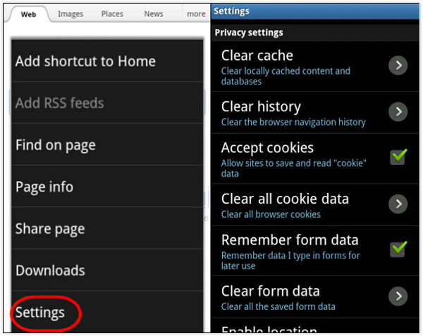 Borrar el historial del navegador de Internet/Stock en Android