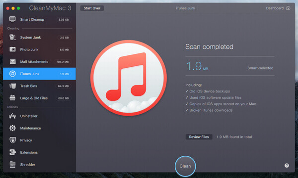 Limpieza de basura de iTunes CleanMyMac 3