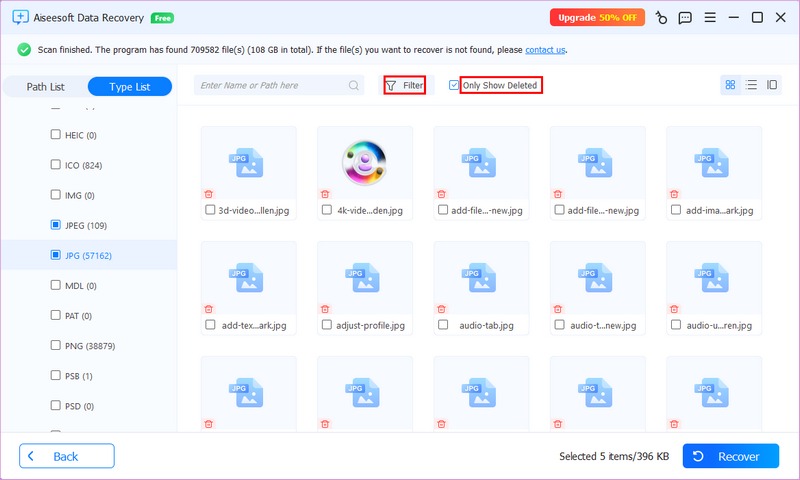 Filtrar y mostrar la función de recuperación de archivos eliminados