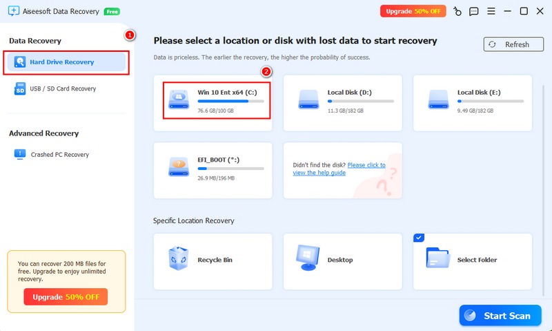 Seleccionar disco en Recuperación del disco duro