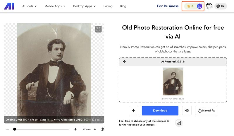 Restauración de fotos con IA en línea gratis con Nero Ai