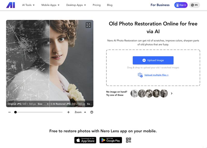 Restauración de fotos antiguas en línea gratuita con Nero Ai