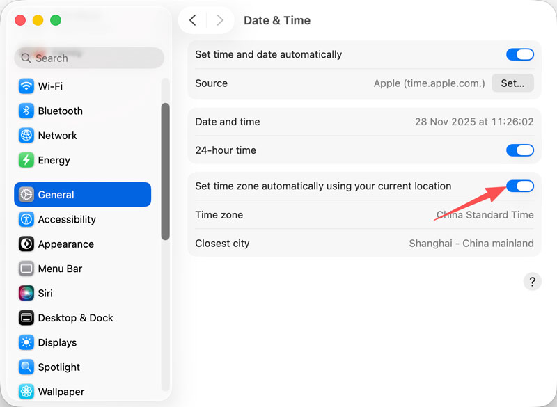 Mac Establecer zona horaria automáticamente