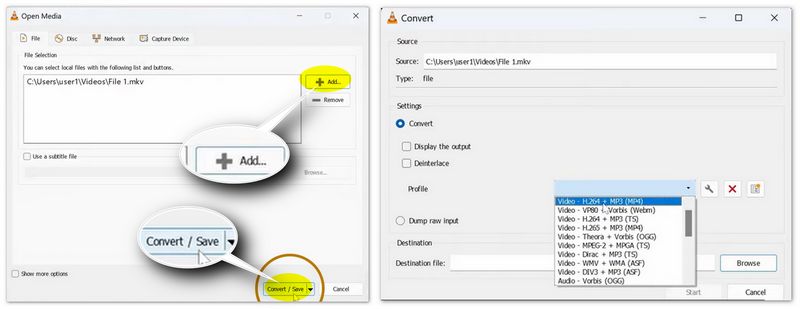Agregar archivo y seleccionar MP4 en VLC