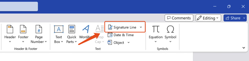 Línea de inserción de firma de Microsoft