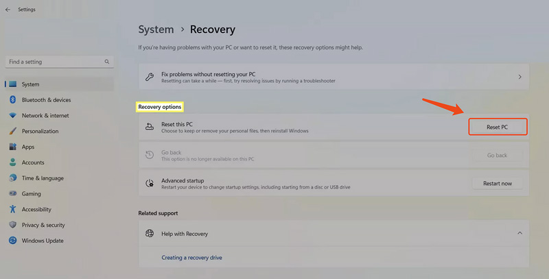 Restablecimiento de fábrica de una computadora portátil Samsung con Windows 11