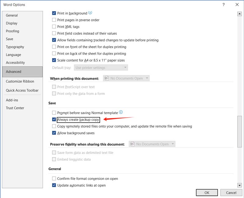 Habilitar siempre crear copia de seguridad en Word