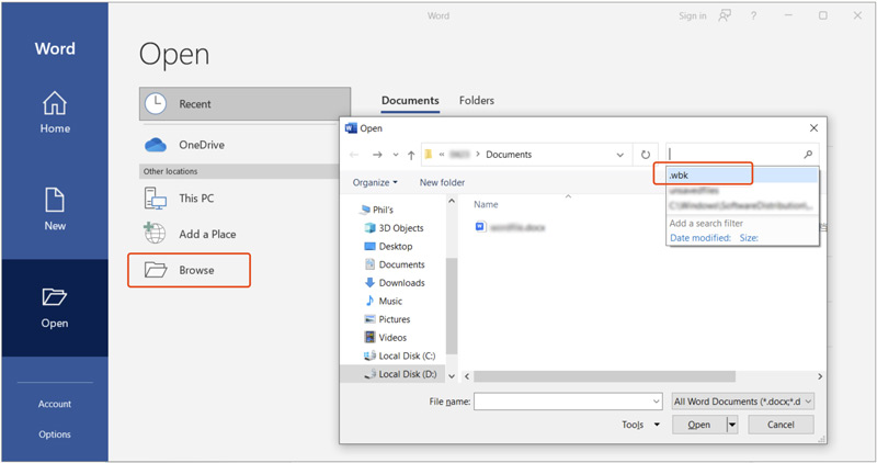Recuperar documentos de Word perdidos desde archivos de respaldo