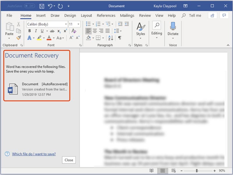 Versión de recuperación de documentos de Word