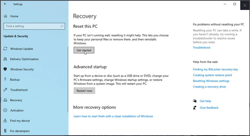 Restablecer esta PC en Windows 10 Comenzar