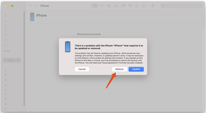 Restaurar iPhone en modo recuperación Finder de Mac