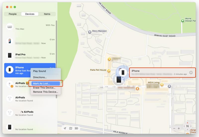 Marcar iPhone como perdido usando la aplicación Buscar en Mac
