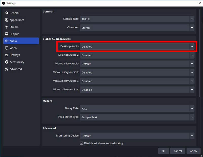 Settings Desktop Audio Disabled