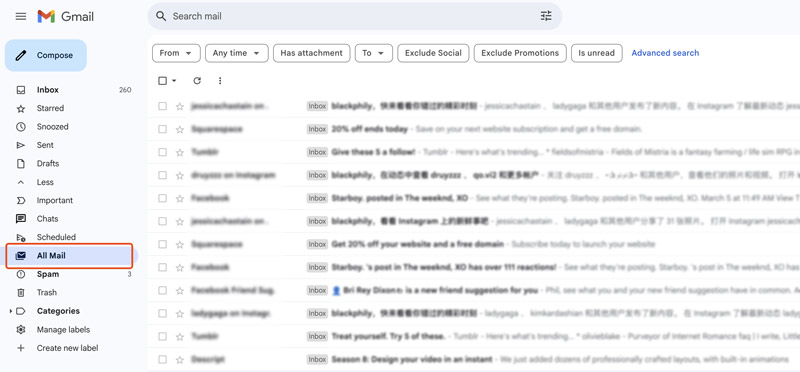 Revisar la carpeta "Todos los correos" en Gmail