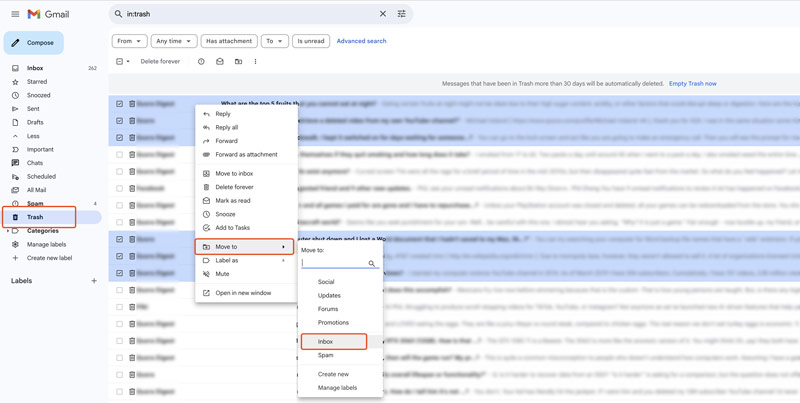 Recuperar correos electrónicos eliminados de Gmail desde la papelera