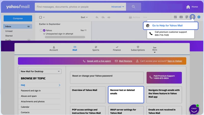 Solicitud para recuperar correos electrónicos de Yahoo perdidos y eliminados