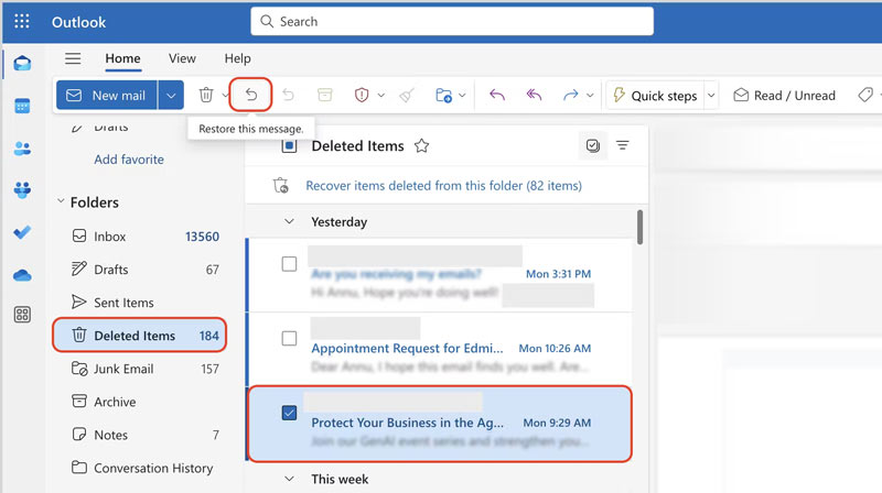 Recuperar correos electrónicos de Outlook en elementos eliminados