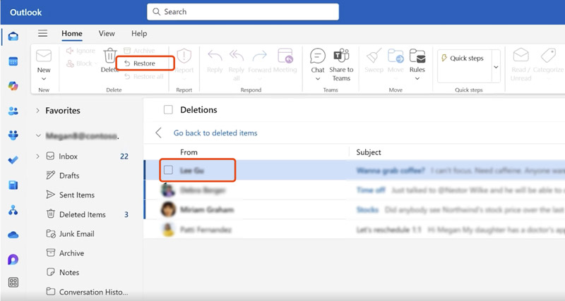 Restaurar correos electrónicos de Outlook que no están en Elementos eliminados