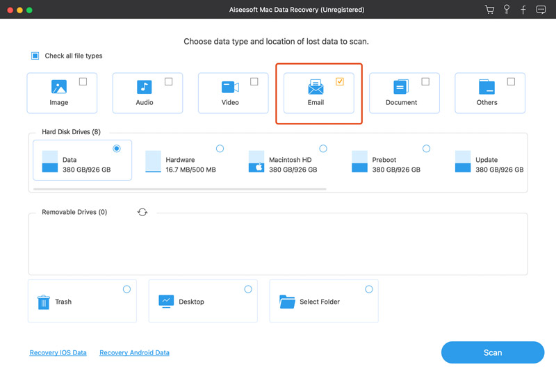 Escanear correos electrónicos eliminados en Mac