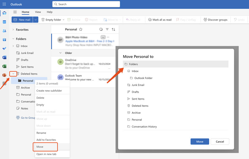 Recuperar carpetas eliminadas en Outlook desde elementos eliminados
