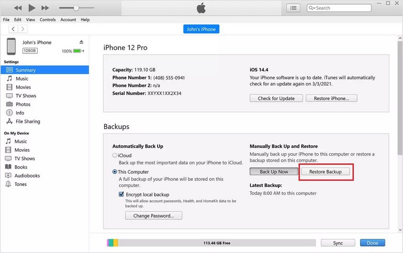 Restaurar copia de seguridad en iTunes