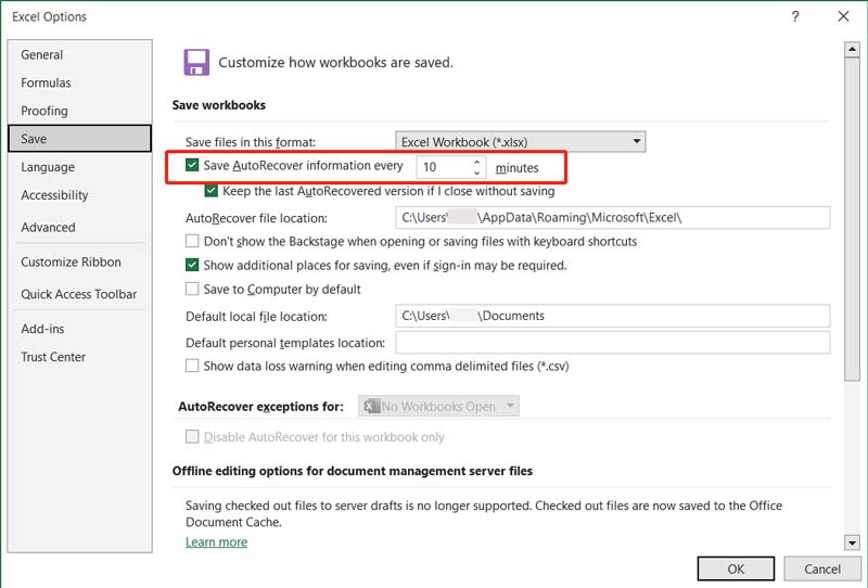 Establecer la recuperación automática al guardar en Excel