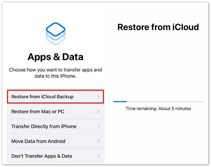 Proceso de restauración desde copia de seguridad de iCloud