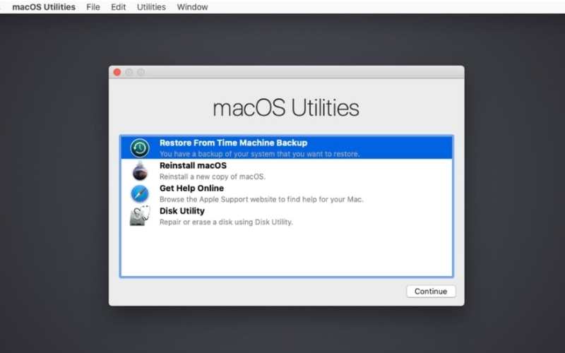 Seleccione Restaurar desde la copia de seguridad de Time Machine