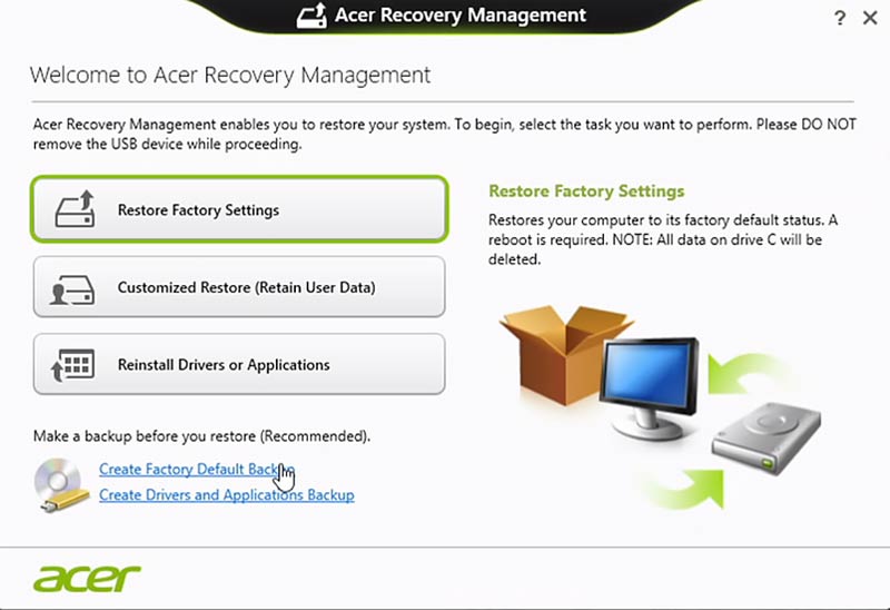 Restaurar configuración de fábrica Acer Recovery Management