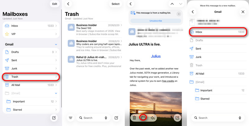 Retrieve Deleted Email From Trash on iPhone