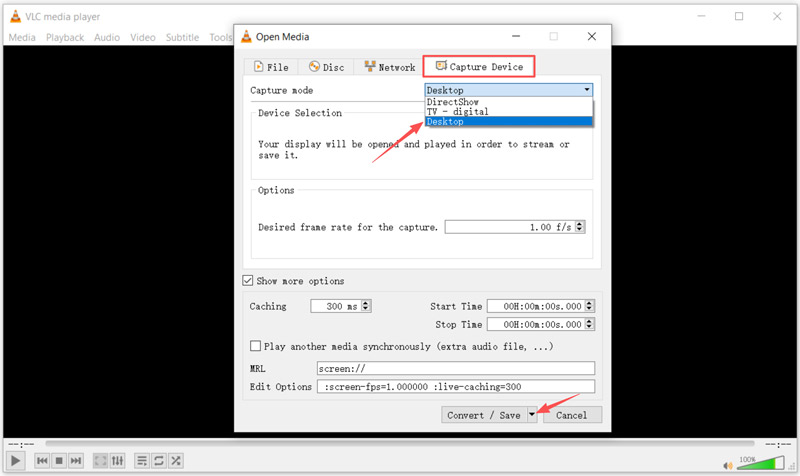 VLC Capture Device Select Desktop