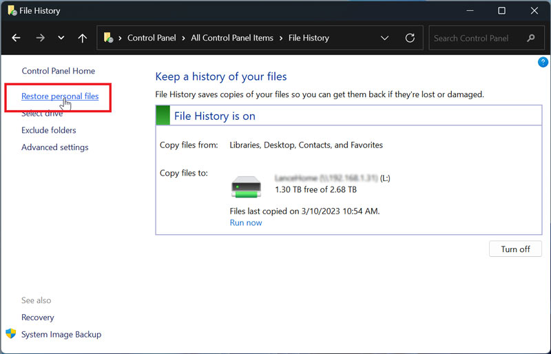 Restaurar archivos personales con el historial de archivos de Windows 10 y 11