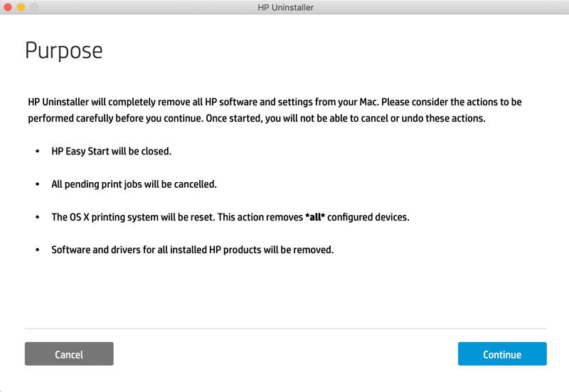 Continuar para desinstalar el software de HP