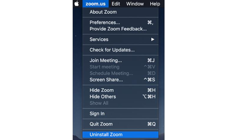 Función predeterminada Desinstalar Zoom en Mac