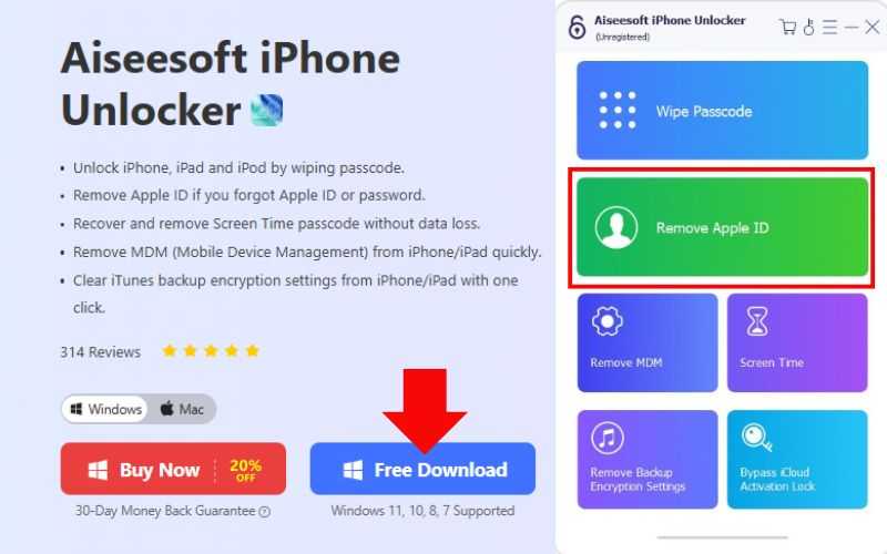Seleccione el modo Eliminar ID de Apple