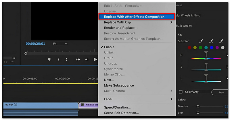 Seleccione Reemplazar con composición de After Effects
