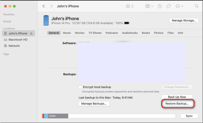 Copia de seguridad de restauración de Finder