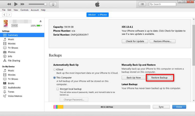 Copia de seguridad de restauración de iTunes