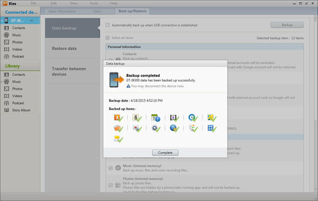 Copia de seguridad de datos de Samsung en Samsung Kies