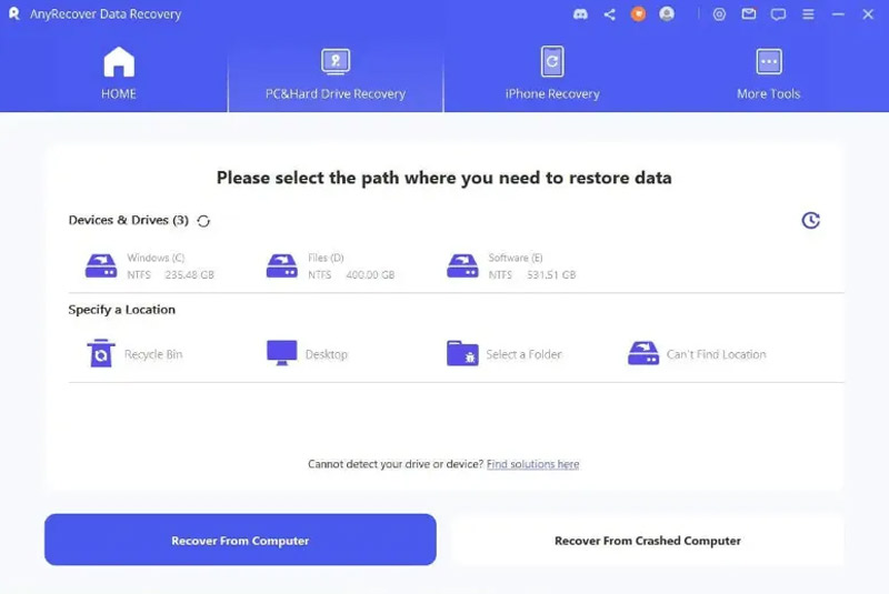 Anyrecover Seleccione la ubicación para recuperar los datos