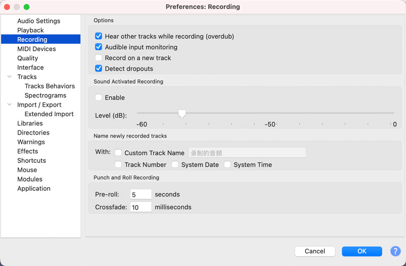 Audacity Preferences Audio Recording Settings