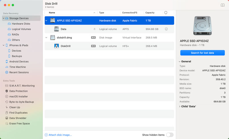 Búsqueda de Disk Drill para datos perdidos en Mac