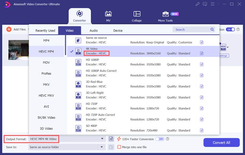 Seleccionar formatos de salida H265