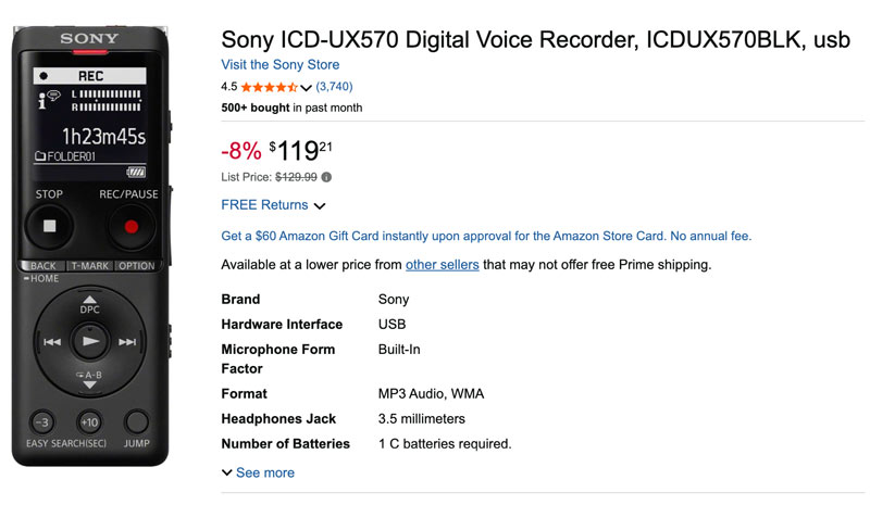 Grabadora de voz digital Sony ICD UX 570