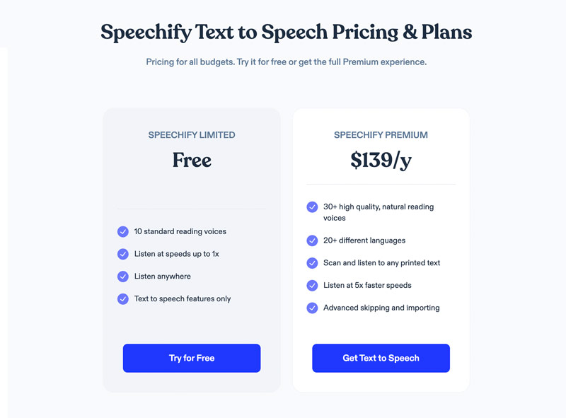 Precios y planes de texto a voz de Speechify