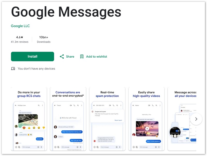 Aplicación de mensajería de texto Google Messages