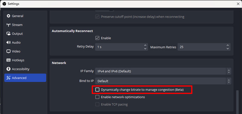 Habilitar la tasa de bits dinámica en OBS