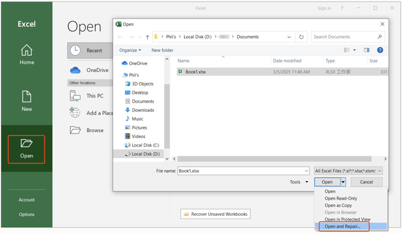 Abrir y reparar archivo dañado en Excel