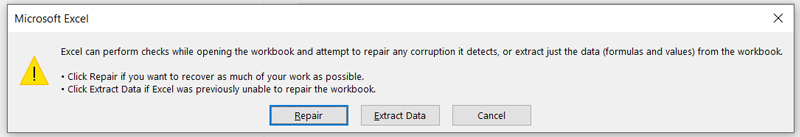 Opciones de extracción de datos de reparación de Excel