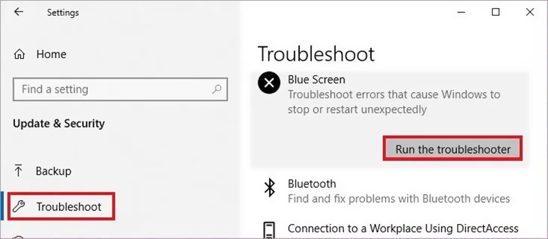 Ejecute el solucionador de problemas de pantalla azul en Windows